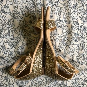 J.Crew Lillian Gold Glitter Low Wedge, Size 7.5